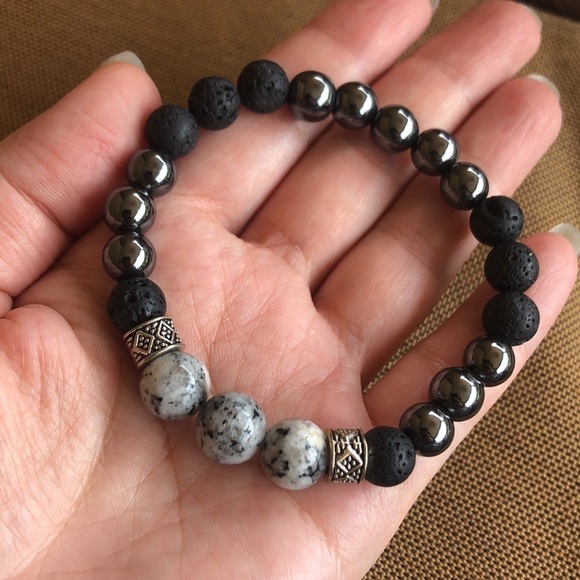 Handmade stretch bracelet,sesame Jasper beads,lava beads and hematite, size S/M - Picture 5 of 10